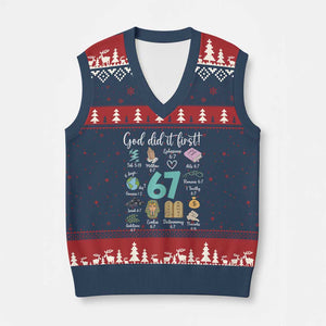 God Did It First 6 7 V-Neck Knit Sweater Vest Funny Christian Bible Verse Meme 67 References TS02 Navy Red Print Your Wear