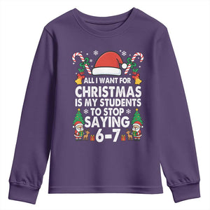 Funny Anti Six Seven Teacher Christmas Youth Sweatshirt My Students To Stop Saying 67 Santa Hat Candy Canes TS02 Purple Print Your Wear