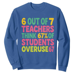 6 Out of 7 Teachers Think 67 Percent of Students Overuse 67 Sweatshirt Funny Viral Meme Educators TS02 Royal Blue Print Your Wear