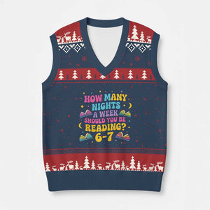 How Many Nights a Week Should You Be Reading 6 7 V-Neck Knit Sweater Vest Funny Book Meme for Teachers Students TS02 Navy Red Print Your Wear