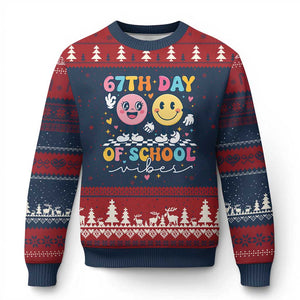 67th Day of School Vibes Ugly Christmas Sweater Cute Retro Smiling Face for Students & Teachers TS02 Navy Red Print Your Wear