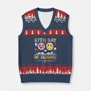 67th Day of School Vibes V-Neck Knit Sweater Vest Cute Retro Smiling Face for Students & Teachers TS02 Navy Red Print Your Wear