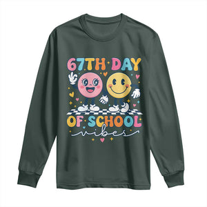67th Day of School Vibes Long Sleeve Shirt Cute Retro Smiling Face for Students & Teachers TS02 Dark Forest Green Print Your Wear