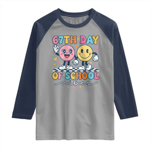 67th Day of School Vibes Raglan Shirt Cute Retro Smiling Face for Students & Teachers TS02 Sport Gray Navy Print Your Wear