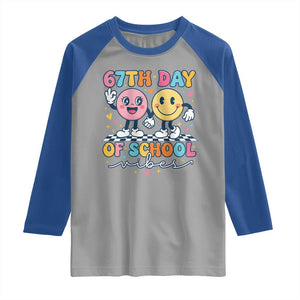 67th Day of School Vibes Raglan Shirt Cute Retro Smiling Face for Students & Teachers TS02 Sport Gray Royal Print Your Wear