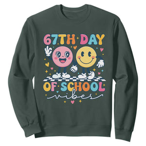 67th Day of School Vibes Sweatshirt Cute Retro Smiling Face for Students & Teachers TS02 Dark Forest Green Print Your Wear