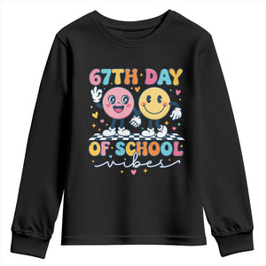 67th Day of School Vibes Youth Sweatshirt Cute Retro Smiling Face for Students & Teachers TS02 Black Print Your Wear