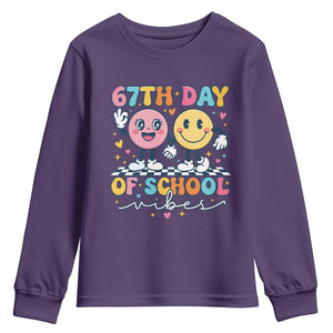 67th Day of School Vibes Youth Sweatshirt Cute Retro Smiling Face for Students & Teachers TS02 Purple Print Your Wear