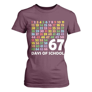 67 Days of School T Shirt For Women Colorful Countdown Grid Milestone Classroom Fun TS02 Maroon Print Your Wear