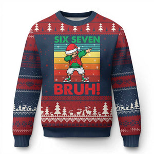 Six Seven Bruh Xmas Dabbing Ugly Christmas Sweater Funny 67 Meme Retro Santa Kid Vibes TS02 Navy Red Print Your Wear