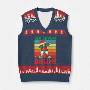 Six Seven Bruh Xmas Dabbing V-Neck Knit Sweater Vest Funny 67 Meme Retro Santa Kid Vibes TS02 Navy Red Print Your Wear