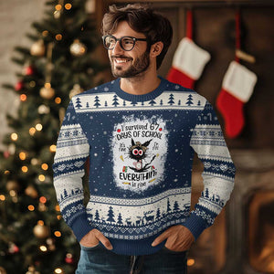 I Survived 67 Days of School Ugly Christmas Sweater Funny Teacher Black Cat Chaos Everything Is Fine TS02 Navy Beige Print Your Wear