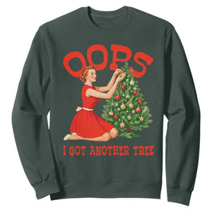 Funny Retro Christmas Pinup Girl Sweatshirt Oops I Got Another Tree Vintage Pin Up Style Holiday Humor TS02 Dark Forest Green Print Your Wear