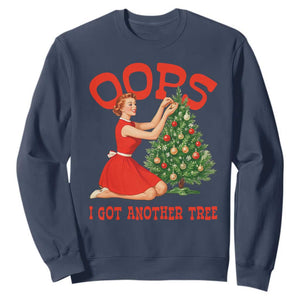 Funny Retro Christmas Pinup Girl Sweatshirt Oops I Got Another Tree Vintage Pin Up Style Holiday Humor TS02 Navy Print Your Wear