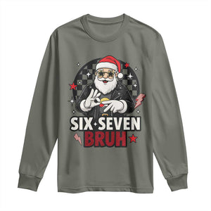Six Seven Bruh Christmas Meme Long Sleeve Shirt Cool Santa 67 Hand Sign Street Style Vibes TS02 Military Green Print Your Wear