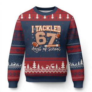 I Tackled 67 Days of School Ugly Christmas Sweater Funny Six Seven Meme Football Lover Milestone TS02 Navy Red Print Your Wear