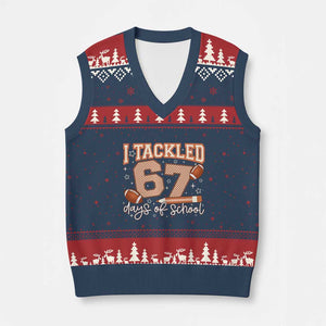 I Tackled 67 Days of School V-Neck Knit Sweater Vest Funny Six Seven Meme Football Lover Milestone TS02 Navy Red Print Your Wear