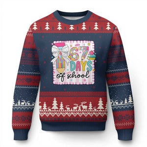67 Days of School Ugly Christmas Sweater Six Seven Cute Girly Pencil and Bow for Students Teachers TS02 Navy Red Print Your Wear