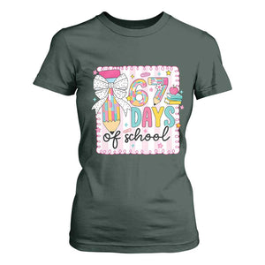 67 Days of School T Shirt For Women Six Seven Cute Girly Pencil and Bow for Students Teachers TS02 Dark Forest Green Print Your Wear