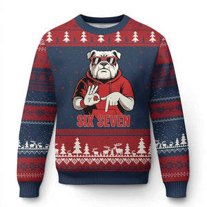 Six Seven Bulldog Meme Ugly Christmas Sweater Funny 67 Mascot Signs Internet Brainrot Lover TS02 Navy Red Print Your Wear