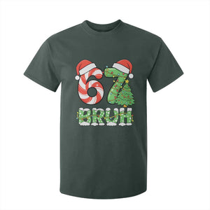 Funny 67 Bruh Christmas T Shirt For Kid Candy Cane and Xmas Tree Six Seven Meme Holiday Lights TS02 Dark Forest Green Print Your Wear