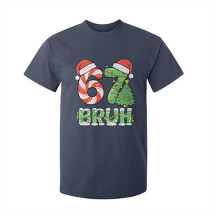 Funny 67 Bruh Christmas T Shirt For Kid Candy Cane and Xmas Tree Six Seven Meme Holiday Lights TS02 Navy Print Your Wear