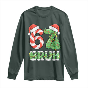 Funny 67 Bruh Christmas Long Sleeve Shirt Candy Cane and Xmas Tree Six Seven Meme Holiday Lights TS02 Dark Forest Green Print Your Wear