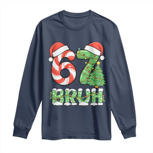 Funny 67 Bruh Christmas Long Sleeve Shirt Candy Cane and Xmas Tree Six Seven Meme Holiday Lights TS02 Navy Print Your Wear