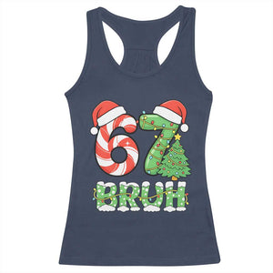 Funny 67 Bruh Christmas Racerback Tank Top Candy Cane and Xmas Tree Six Seven Meme Holiday Lights TS02 Navy Print Your Wear