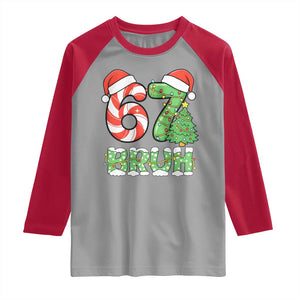 Funny 67 Bruh Christmas Raglan Shirt Candy Cane and Xmas Tree Six Seven Meme Holiday Lights TS02 Sport Gray Red Print Your Wear