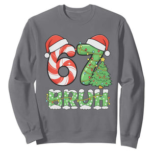 Funny 67 Bruh Christmas Sweatshirt Candy Cane and Xmas Tree Six Seven Meme Holiday Lights TS02 Charcoal Print Your Wear