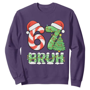 Funny 67 Bruh Christmas Sweatshirt Candy Cane and Xmas Tree Six Seven Meme Holiday Lights TS02 Purple Print Your Wear