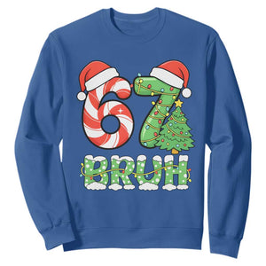 Funny 67 Bruh Christmas Sweatshirt Candy Cane and Xmas Tree Six Seven Meme Holiday Lights TS02 Royal Blue Print Your Wear