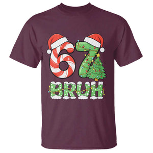Funny 67 Bruh Christmas T Shirt Candy Cane and Xmas Tree Six Seven Meme Holiday Lights TS02 Maroon Print Your Wear