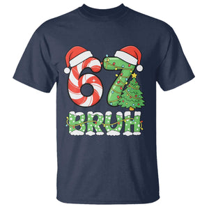 Funny 67 Bruh Christmas T Shirt Candy Cane and Xmas Tree Six Seven Meme Holiday Lights TS02 Navy Print Your Wear