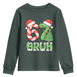 Funny 67 Bruh Christmas Youth Sweatshirt Candy Cane and Xmas Tree Six Seven Meme Holiday Lights TS02 Dark Forest Green Print Your Wear
