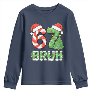 Funny 67 Bruh Christmas Youth Sweatshirt Candy Cane and Xmas Tree Six Seven Meme Holiday Lights TS02 Navy Print Your Wear