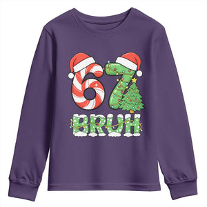 Funny 67 Bruh Christmas Youth Sweatshirt Candy Cane and Xmas Tree Six Seven Meme Holiday Lights TS02 Purple Print Your Wear