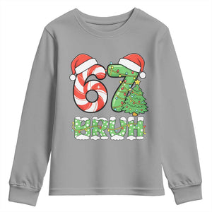 Funny 67 Bruh Christmas Youth Sweatshirt Candy Cane and Xmas Tree Six Seven Meme Holiday Lights TS02 Sport Gray Print Your Wear