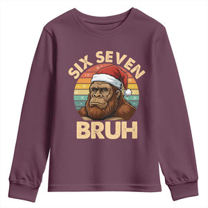 Six Seven Bruh Meme Christmas Bigfoot Youth Sweatshirt 67 Sasquatch Santa Retro Holiday TS02 Maroon Print Your Wear