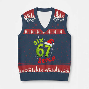 Six Seven Xmas Meme V-Neck Knit Sweater Vest Funny Green Grinchy 6 7 with Santa Hat TS02 Navy Red Print Your Wear