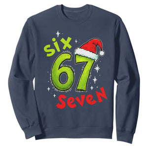 Six Seven Christmas Meme Sweatshirt Funny Green Grinchy 6 7 with Santa Hat TS02 Navy Print Your Wear