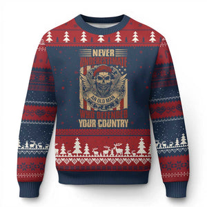 American Veteran Ugly Christmas Sweater Never Underestimate An Old Man Who Defended Your Country TS02 Navy Red Print Your Wear