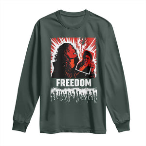 Freedom Iran Women Revolution 2026 Long Sleeve Shirt Lighting Cigarette with Burning Portrait Graphic TS02 Dark Forest Green Print Your Wear
