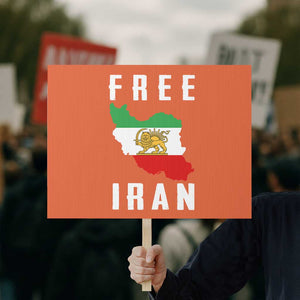Free Iran Revolution 2026 Protest Sign Sun and Lion Flag Iranian Freedom Justice TS02 Horizontal 18" × 24" Orange Print Your Wear