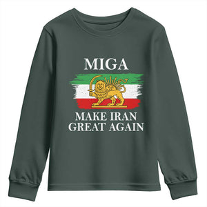 Make Iran Great Again Patriotic MIGA Youth Sweatshirt Lion and Sun Flag Iranian Revolution TS02 Dark Forest Green Print Your Wear