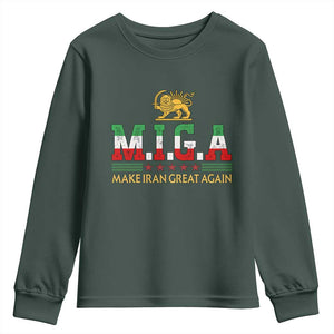 Make Iran Great Again Patriotic MIGA Youth Sweatshirt Lion and Sun Persian Flag Freedom Iranian Revolution TS02 Dark Forest Green Print Your Wear