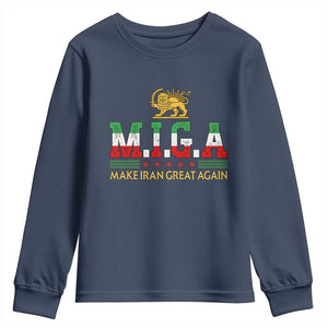 Make Iran Great Again Patriotic MIGA Youth Sweatshirt Lion and Sun Persian Flag Freedom Iranian Revolution TS02 Navy Print Your Wear