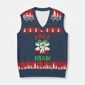 Free Iran Raised Fist and Persian Flag Clover V-Neck Knit Sweater Vest Lion and Sun Freedom Fighter Iranian Revolution TS02 Navy Red Print Your Wear