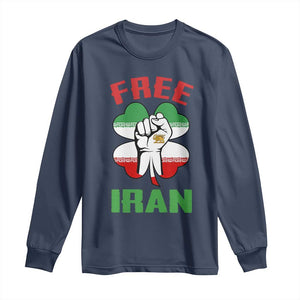 Free Iran Raised Fist and Persian Flag Clover Long Sleeve Shirt Lion and Sun Freedom Fighter Iranian Revolution TS02 Navy Print Your Wear